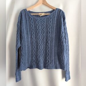 Ralph Lauren Denim & Supply Cotton Blue Tweed Aran Cable Knit Pullover Sweater L